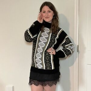 Clifton Place 80s/90s Black Taupe & White Boho Cowl Neck Aztec Knit Sweater 🖤🪶